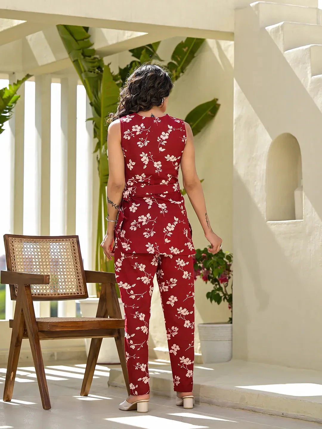 Yufta Red Cotton Floral Print Comes With A Belt Co-Ord Set | Grocsy