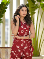 Yufta Red Cotton Floral Print Comes With A Belt Co-Ord Set | Grocsy