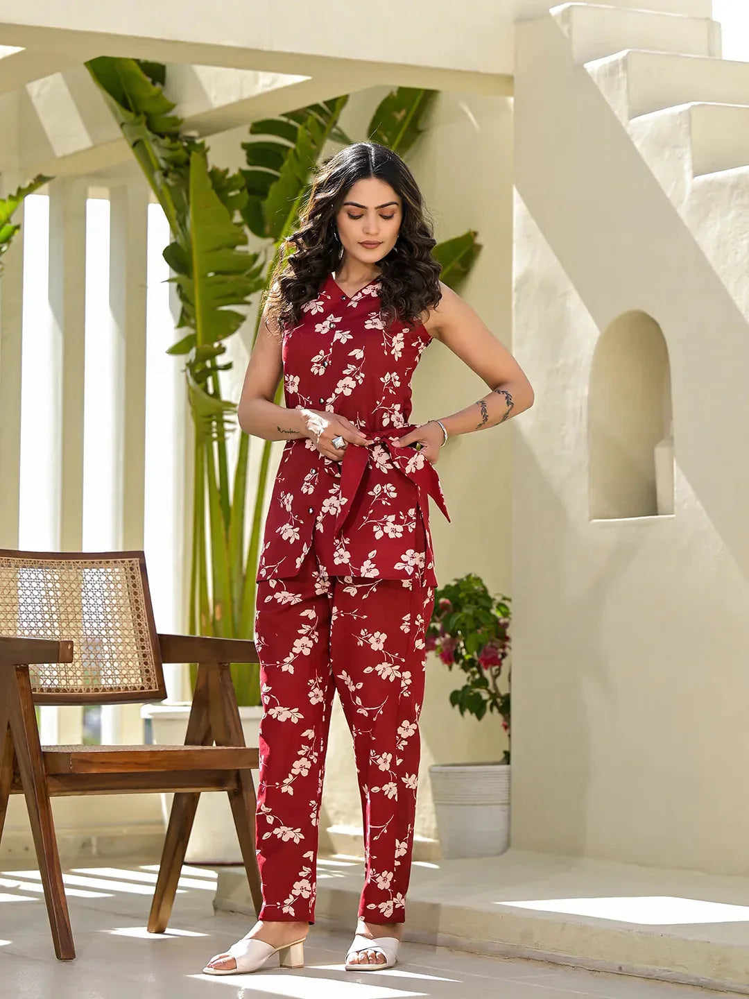 Yufta Red Cotton Floral Print Comes With A Belt Co-Ord Set | Grocsy
