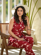 Yufta Red Cotton Floral Print Comes With A Belt Co-Ord Set | Grocsy