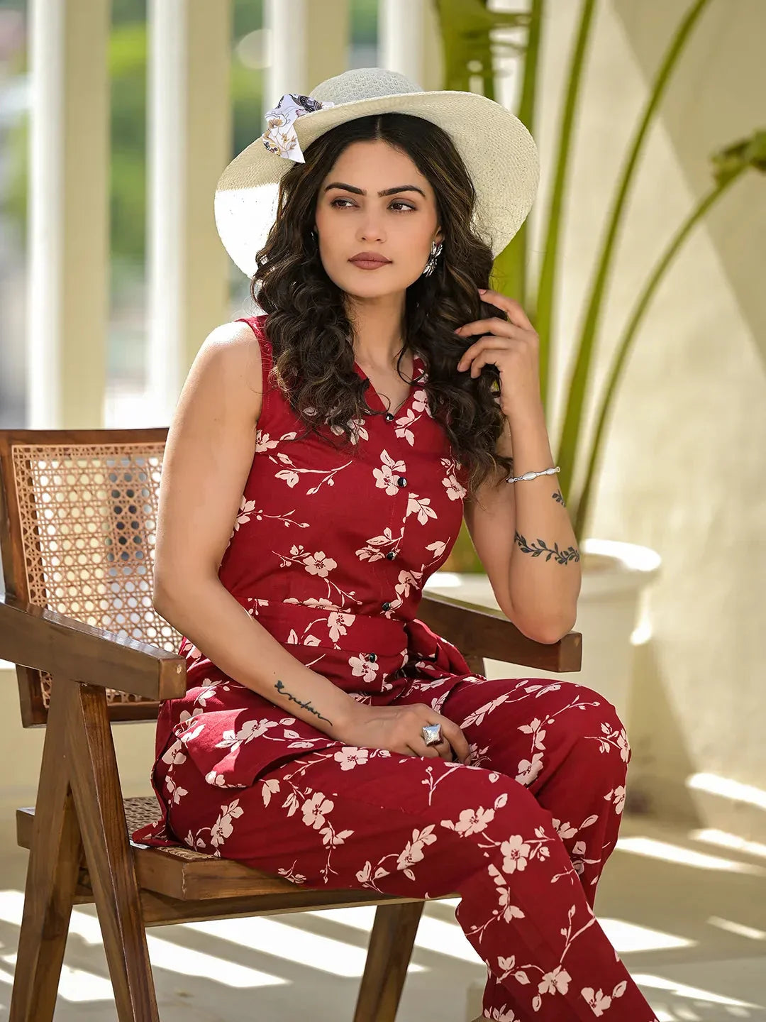 Yufta Red Cotton Floral Print Comes With A Belt Co-Ord Set | Grocsy