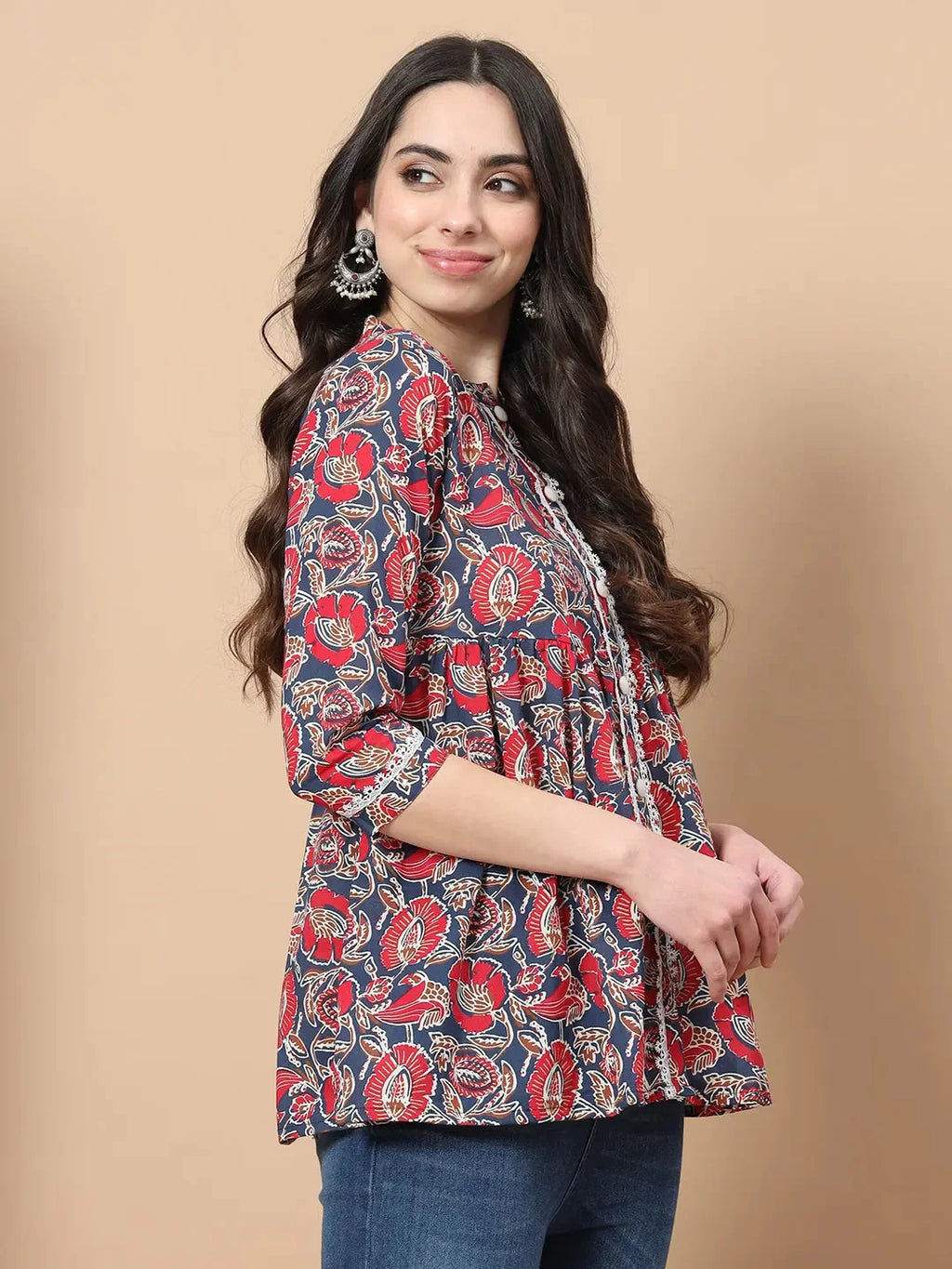 Yufta Red Cotton Floral Print Peplum Top With Lace Detailing | Grocsy