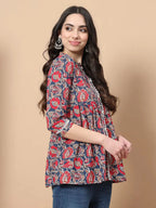 Yufta Red Cotton Floral Print Peplum Top With Lace Detailing | Grocsy