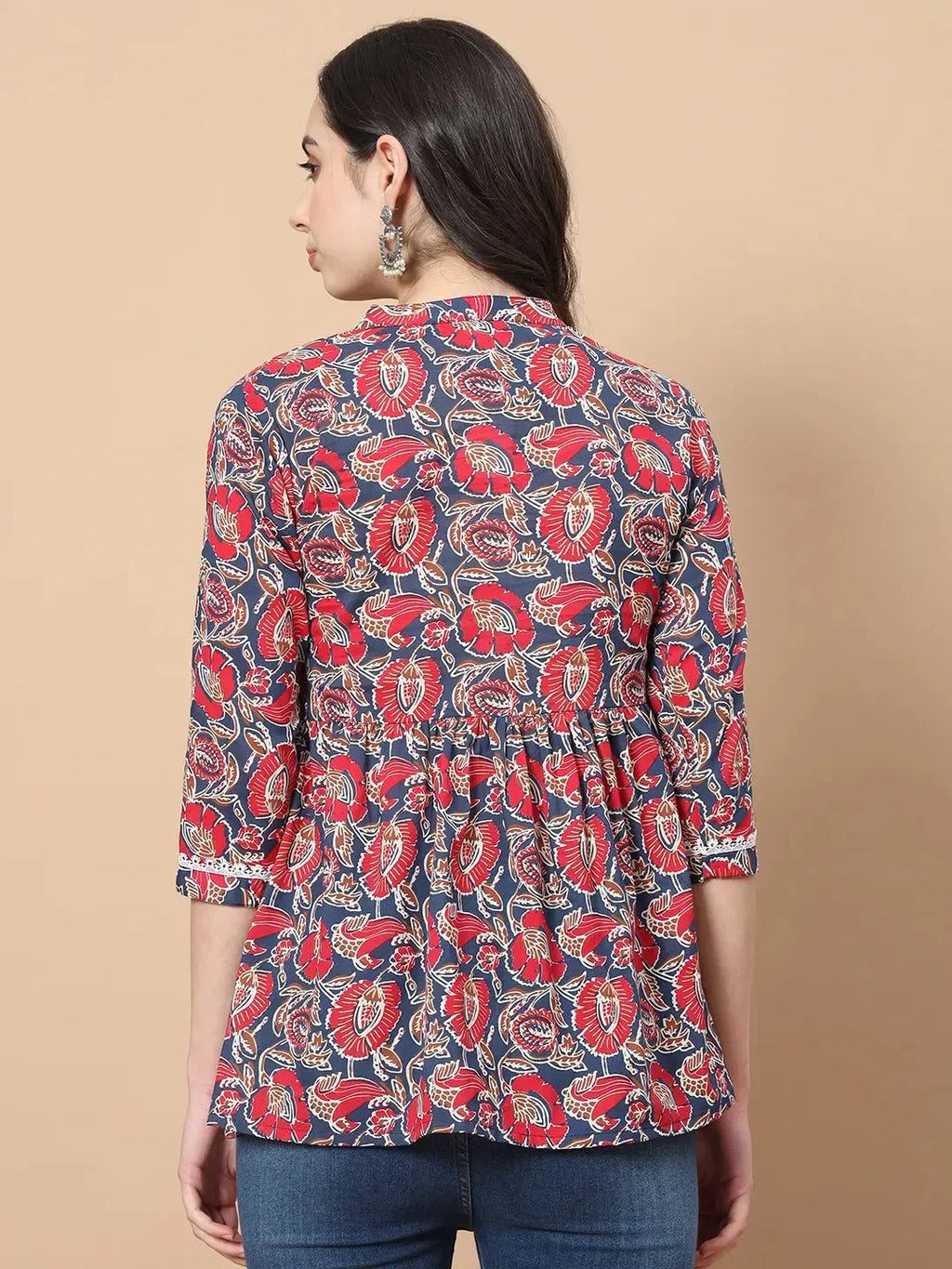 Yufta Red Cotton Floral Print Peplum Top With Lace Detailing | Grocsy