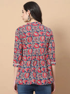 Yufta Red Cotton Floral Print Peplum Top With Lace Detailing | Grocsy