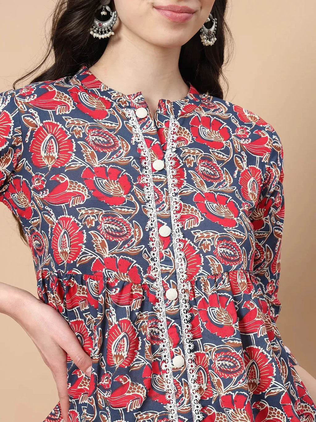 Yufta Red Cotton Floral Print Peplum Top With Lace Detailing | Grocsy