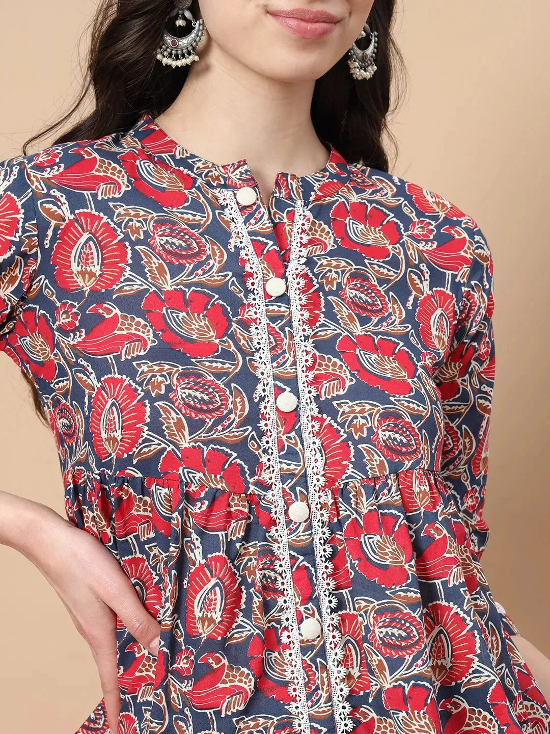 Yufta Red Cotton Floral Print Peplum Top With Lace Detailing | Grocsy