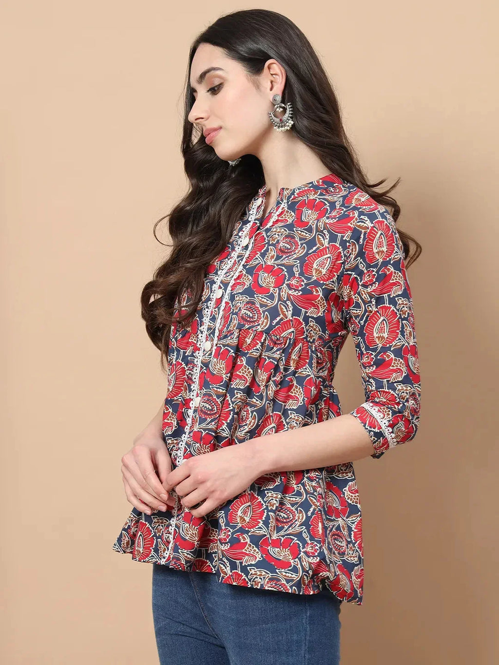 Yufta Red Cotton Floral Print Peplum Top With Lace Detailing | Grocsy