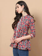 Yufta Red Cotton Floral Print Peplum Top With Lace Detailing | Grocsy
