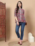 Yufta Red Cotton Floral Print Peplum Top With Lace Detailing | Grocsy