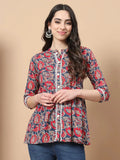 Yufta Red Cotton Floral Print Peplum Top With Lace Detailing | Grocsy