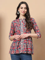 Yufta Red Cotton Floral Print Peplum Top With Lace Detailing | Grocsy