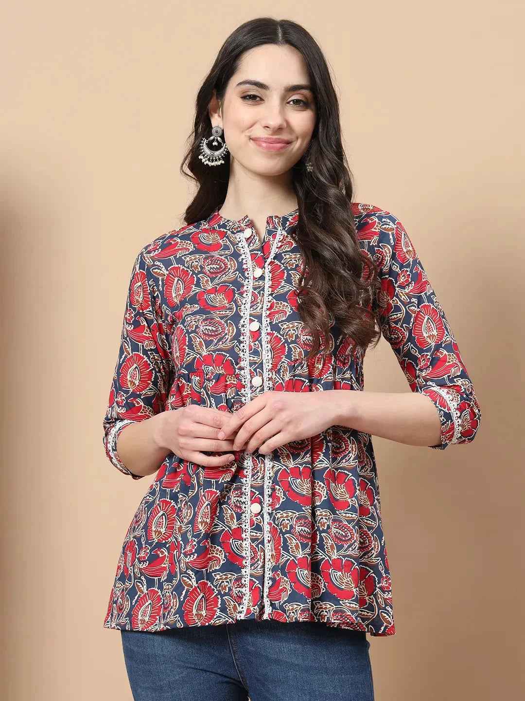 Yufta Red Cotton Floral Print Peplum Top With Lace Detailing | Grocsy