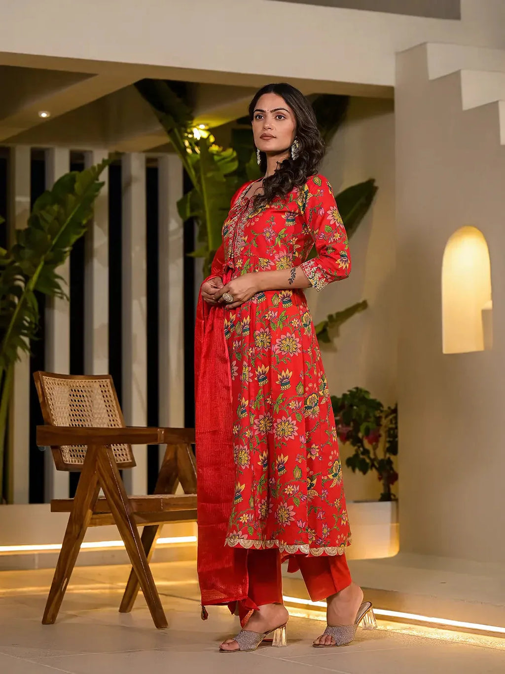 Yufta Red Dori Embroidery Voile Anarkali Kurta With Trousers With Dupatta Set | Grocsy