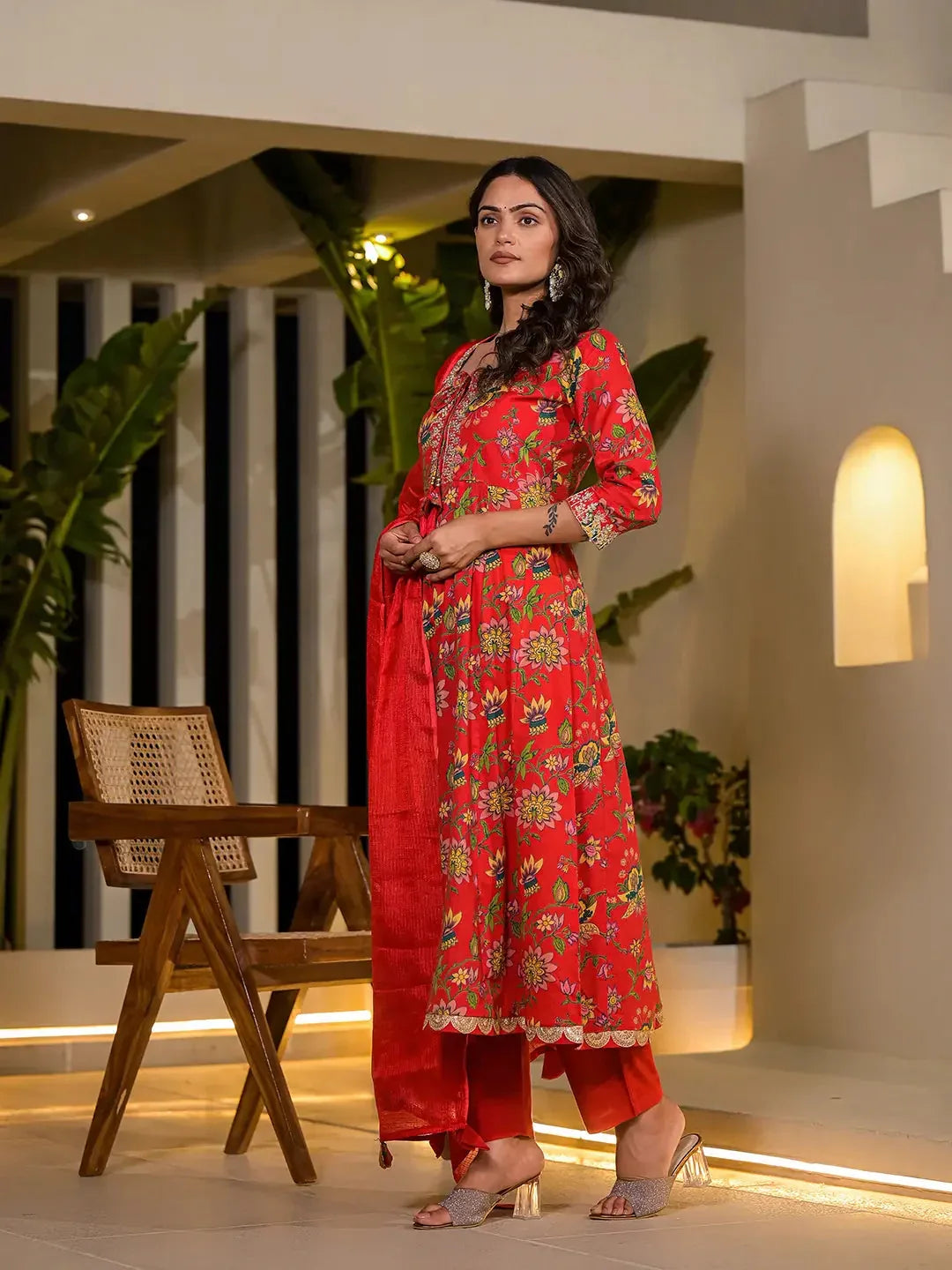 Yufta Red Dori Embroidery Voile Anarkali Kurta With Trousers With Dupatta Set | Grocsy