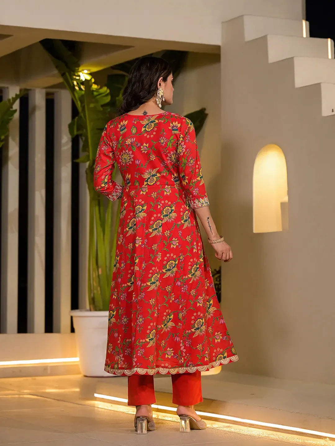 Yufta Red Dori Embroidery Voile Anarkali Kurta With Trousers With Dupatta Set | Grocsy