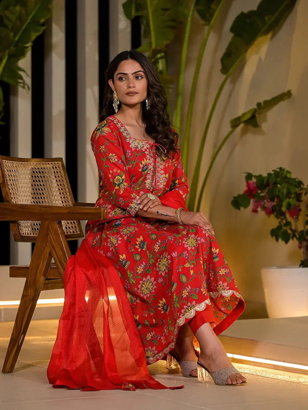 Yufta Red Dori Embroidery Voile Anarkali Kurta With Trousers With Dupatta Set | Grocsy