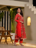 Yufta Red Dori Embroidery Voile Anarkali Kurta With Trousers With Dupatta Set | Grocsy