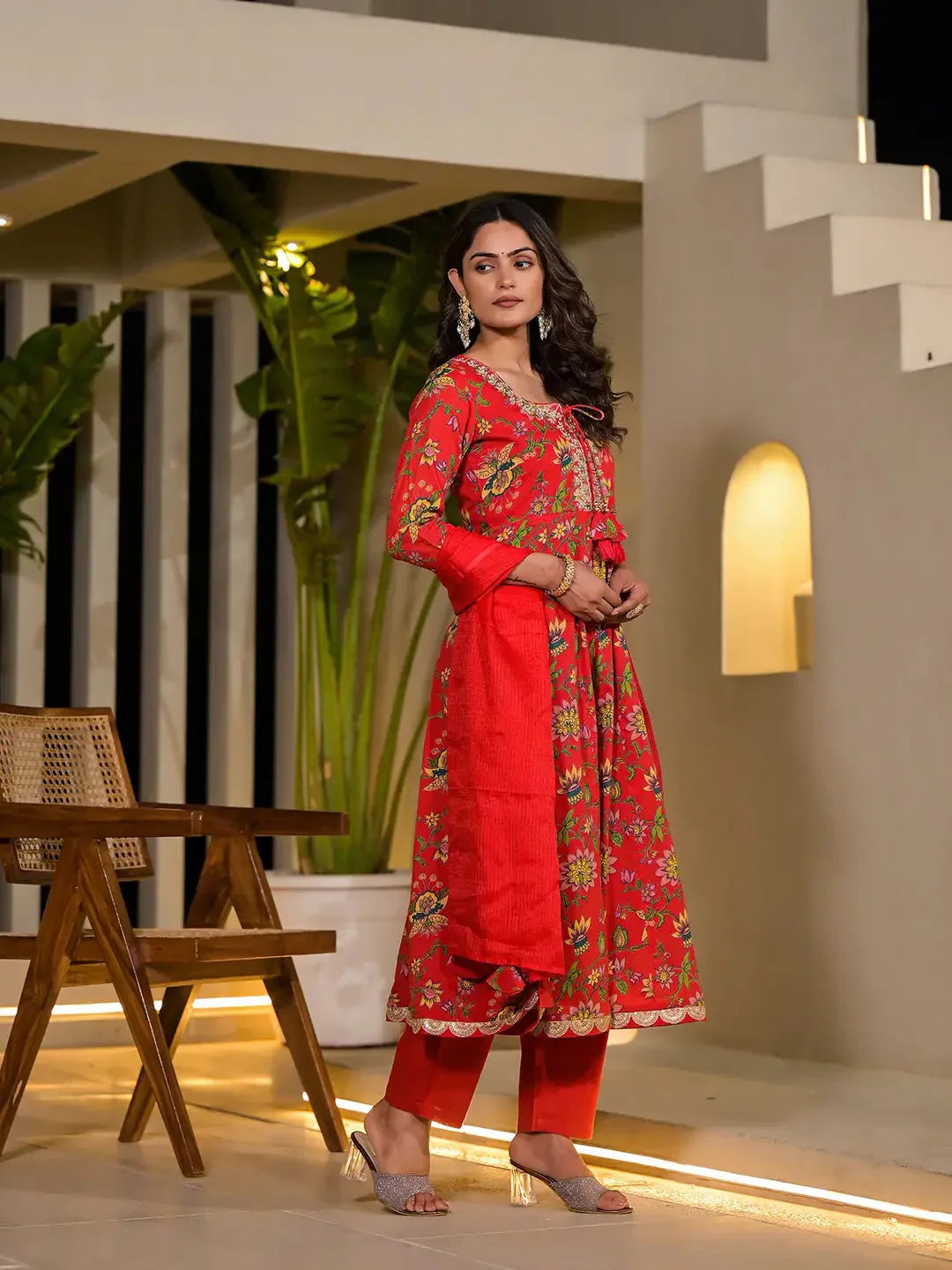 Yufta Red Dori Embroidery Voile Anarkali Kurta With Trousers With Dupatta Set | Grocsy