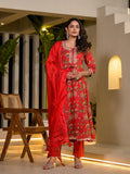 Yufta Red Dori Embroidery Voile Anarkali Kurta With Trousers With Dupatta Set | Grocsy