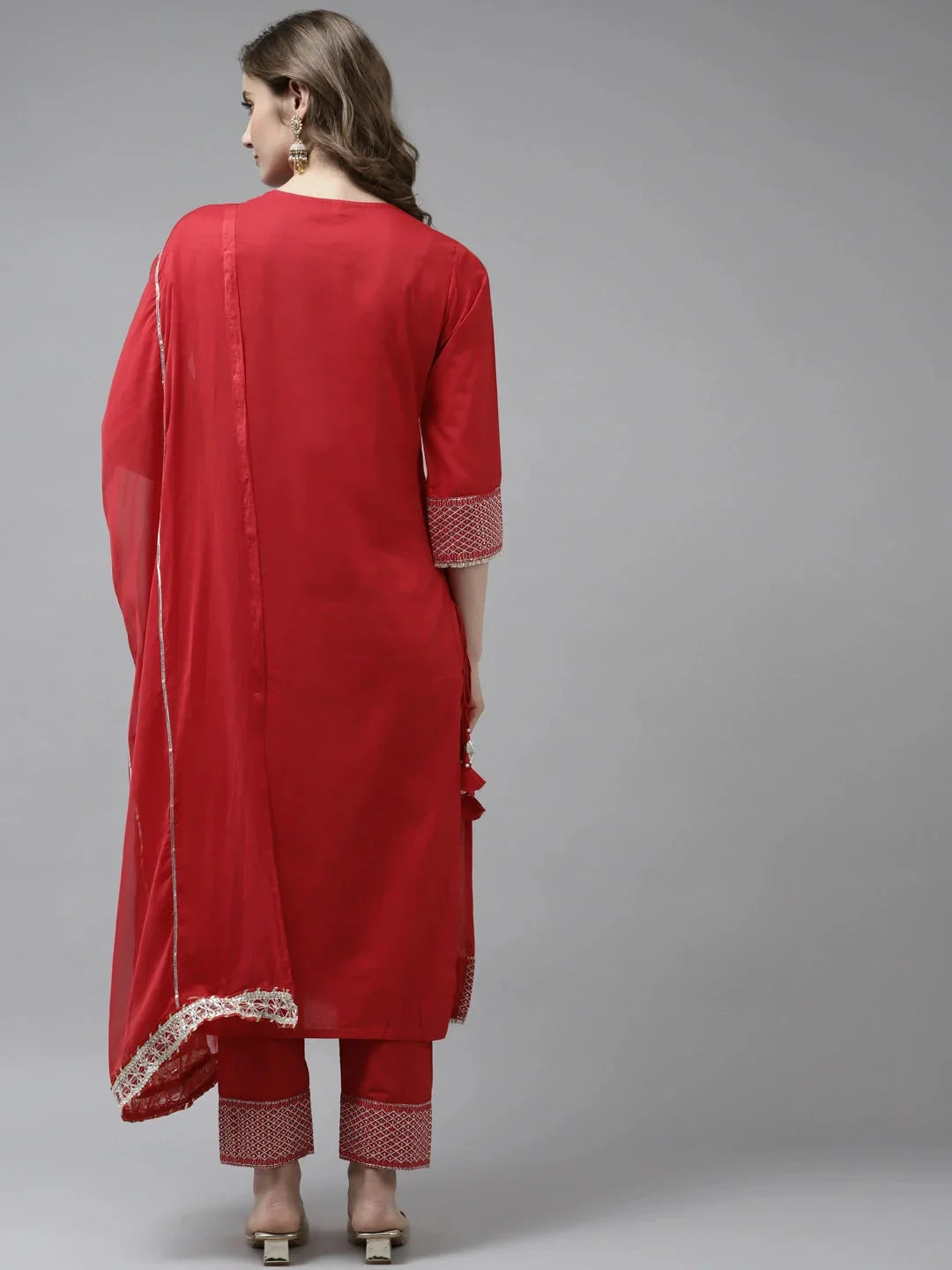 Yufta Red Ethnic Motifs Dupatta Set | Grocsy