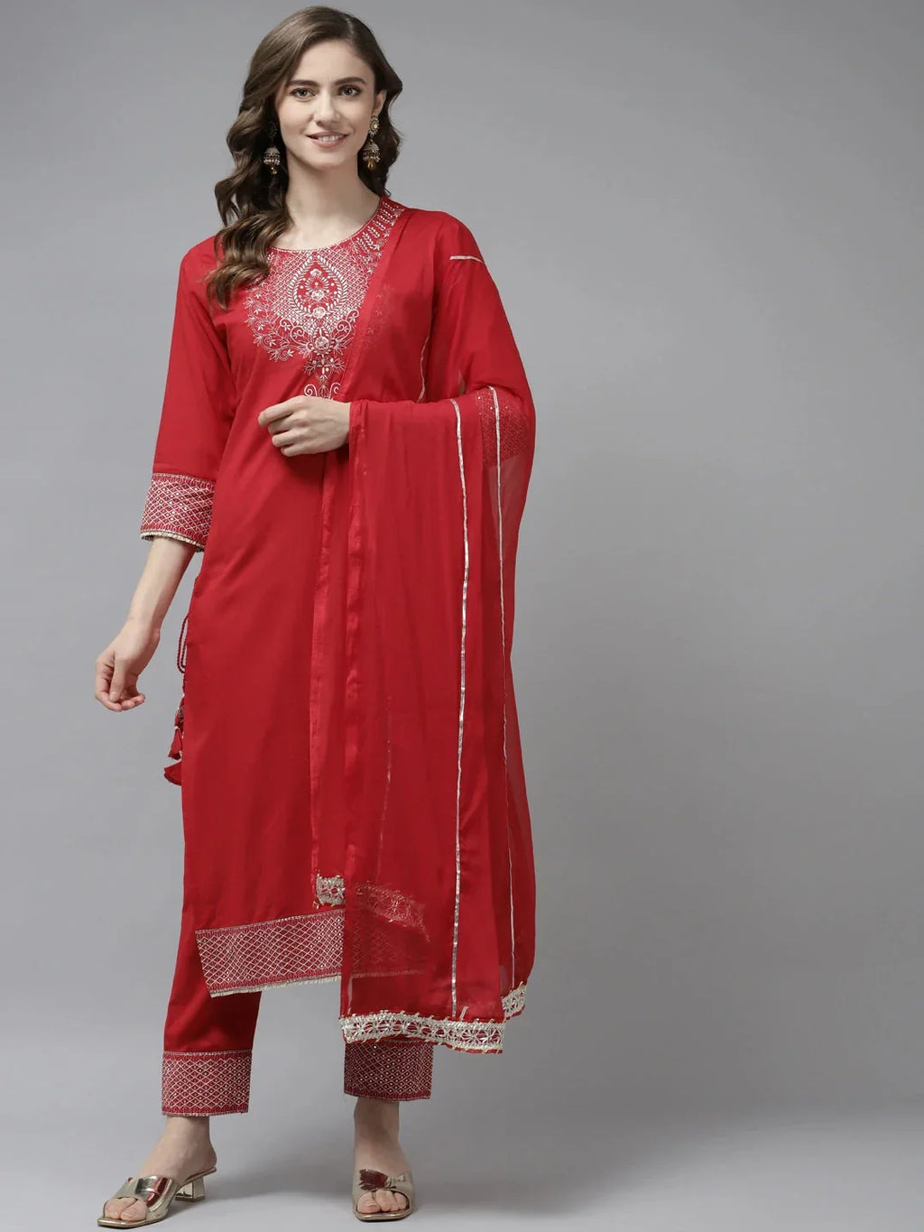 Yufta Red Ethnic Motifs Dupatta Set | Grocsy