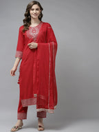 Yufta Red Ethnic Motifs Dupatta Set | Grocsy