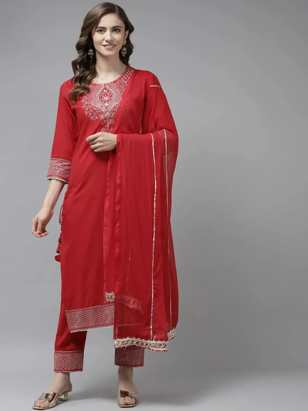 Yufta Red Ethnic Motifs Dupatta Set | Grocsy