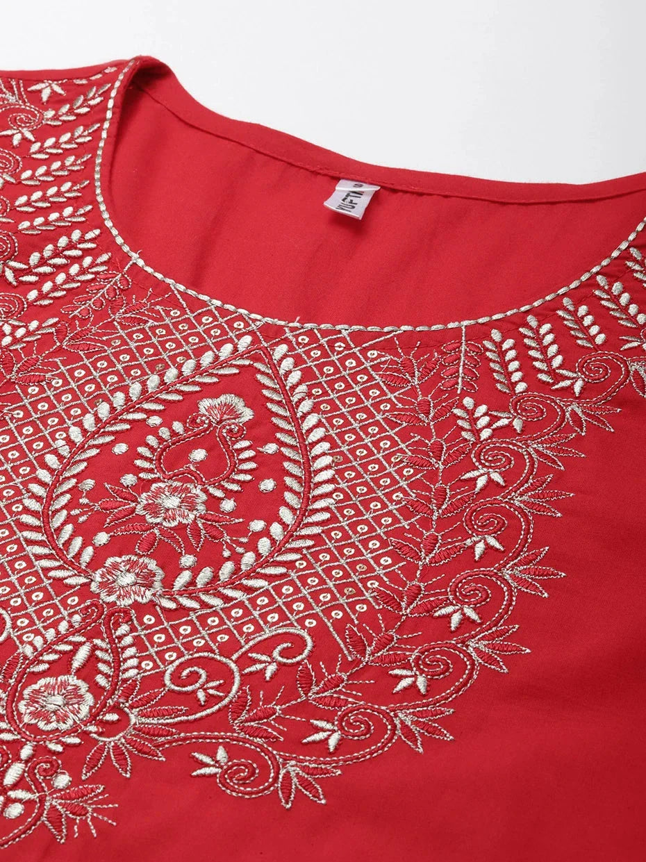 Yufta Red Ethnic Motifs Dupatta Set | Grocsy