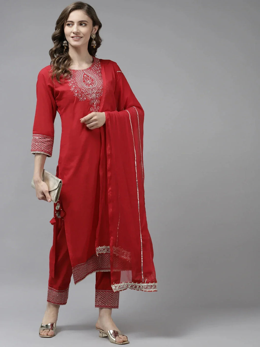 Yufta Red Ethnic Motifs Dupatta Set | Grocsy