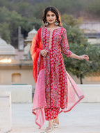 Yufta Red Floral Print Regular Sleeves Anarkali Kurta Trouser And Dupatta Set | Grocsy