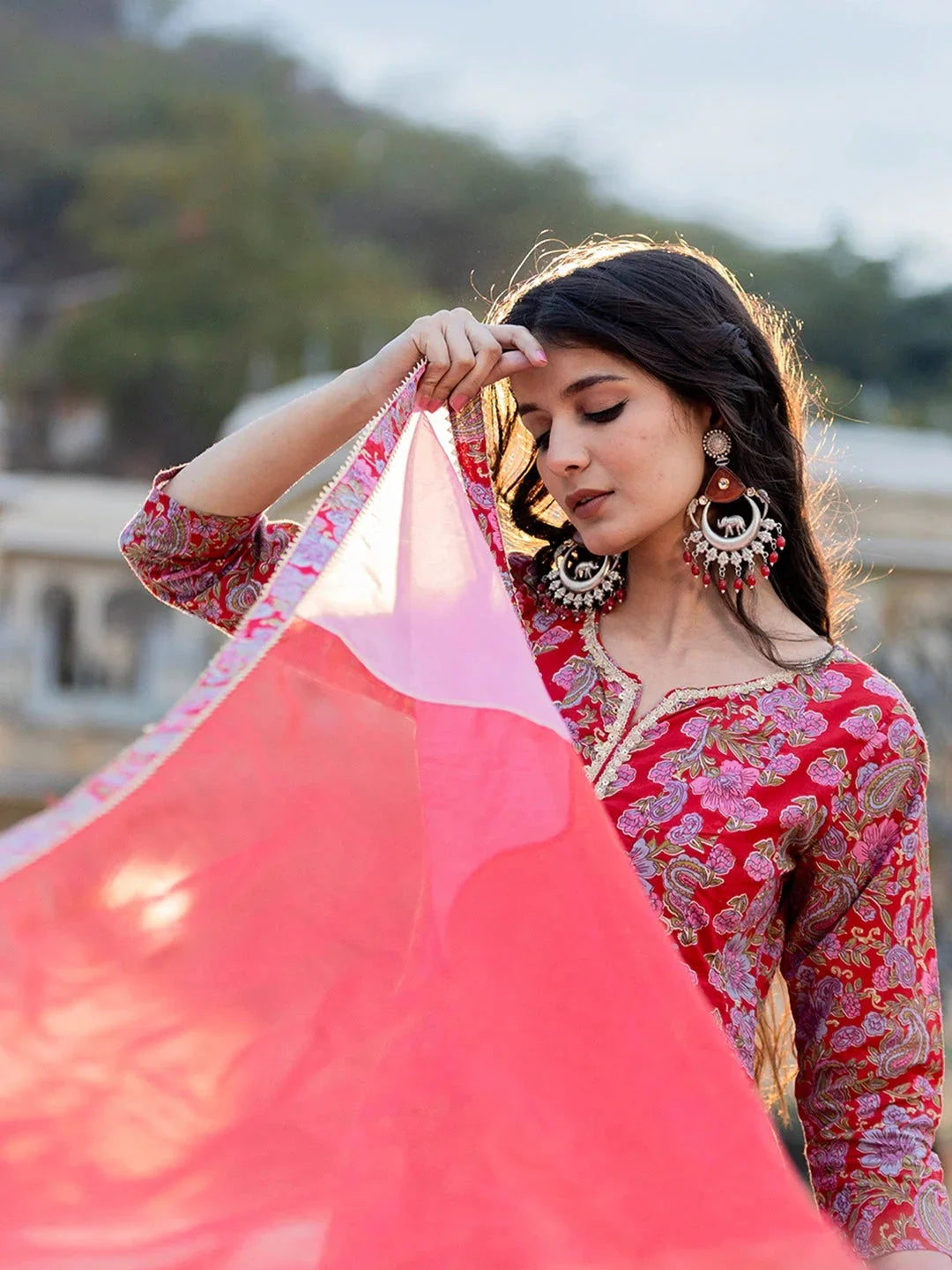 Yufta Red Floral Print Regular Sleeves Anarkali Kurta Trouser And Dupatta Set | Grocsy