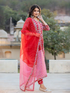 Yufta Red Floral Print Regular Sleeves Anarkali Kurta Trouser And Dupatta Set | Grocsy