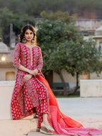 Yufta Red Floral Print Regular Sleeves Anarkali Kurta Trouser And Dupatta Set | Grocsy