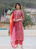 Yufta Red Floral Print Regular Sleeves Anarkali Kurta Trouser And Dupatta Set | Grocsy