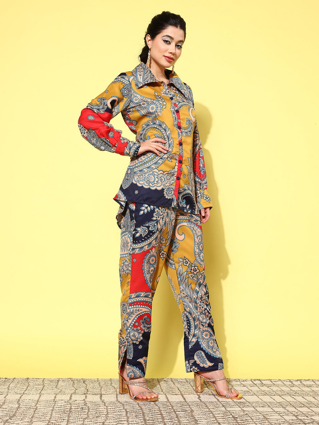 Yufta Red Paisley Printed Satin Co-Ords | Grocsy