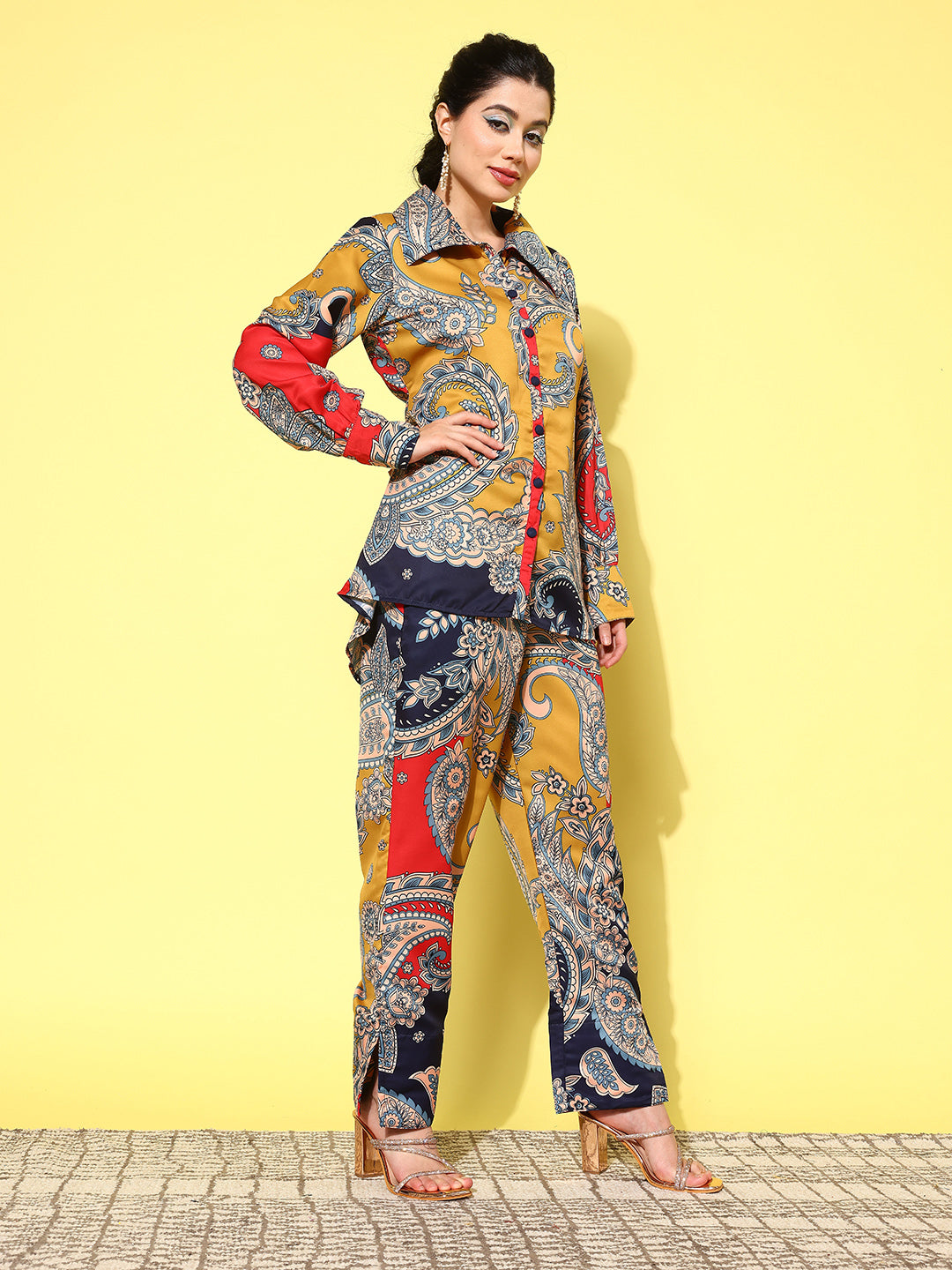 Yufta Red Paisley Printed Satin Co-Ords | Grocsy
