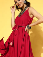 Yufta Red Solid Strap Dress with Belt | Grocsy