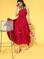 Yufta Red Solid Strap Dress with Belt | Grocsy