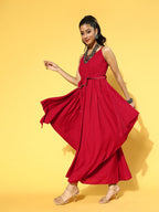 Yufta Red Solid Strap Dress with Belt | Grocsy