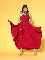 Yufta Red Solid Strap Dress with Belt | Grocsy