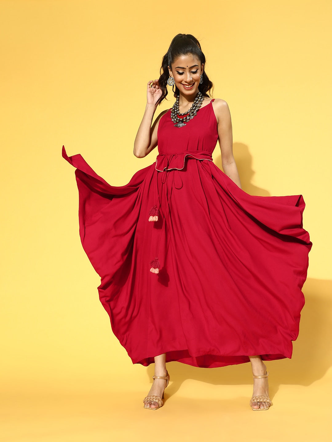 Yufta Red Solid Strap Dress with Belt | Grocsy