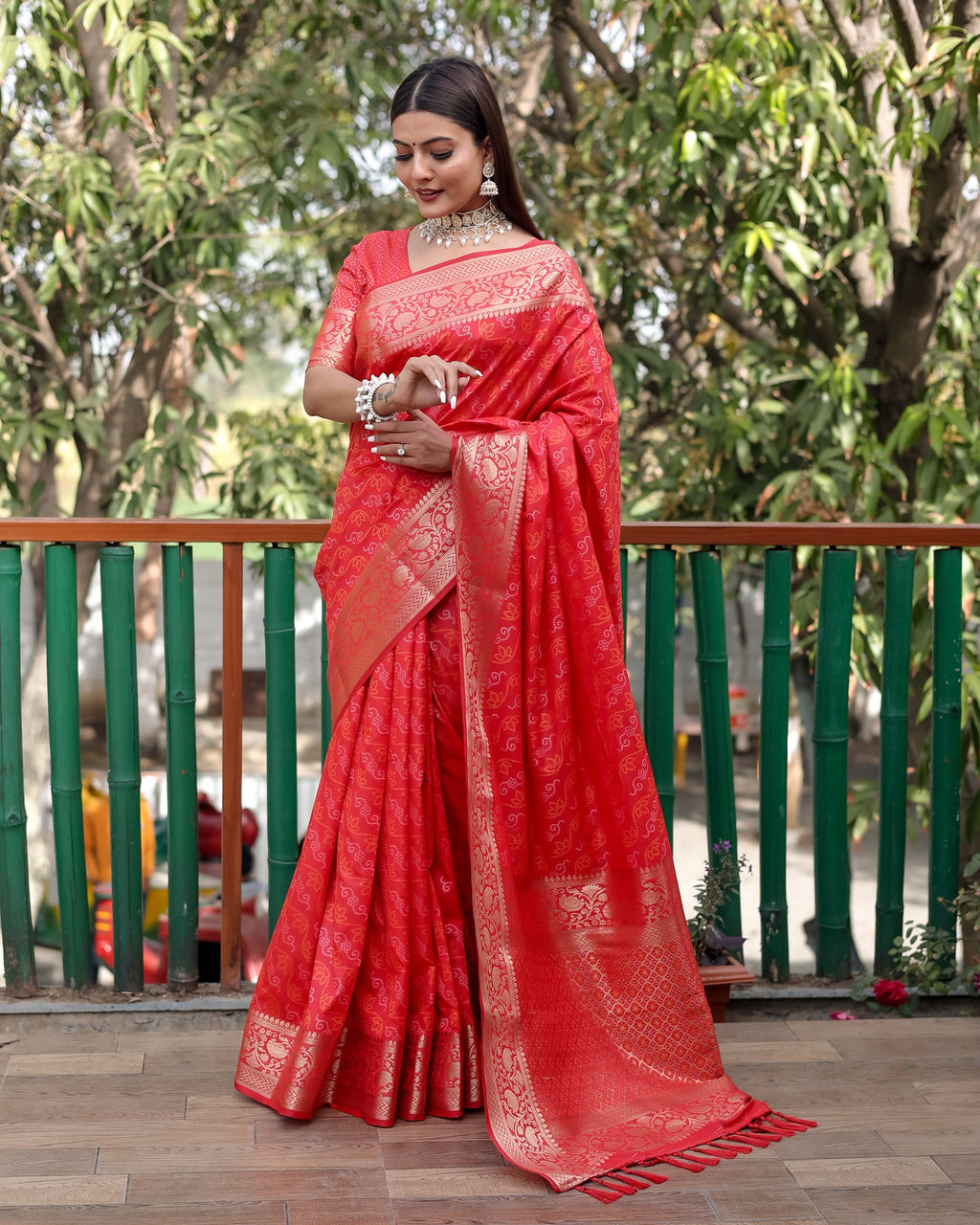 Lorenvalley Premium Bandhej Patola Silk Sarees with kanchi Borders and Contrast Zari Weaving borders Saree - Red | Grocsy