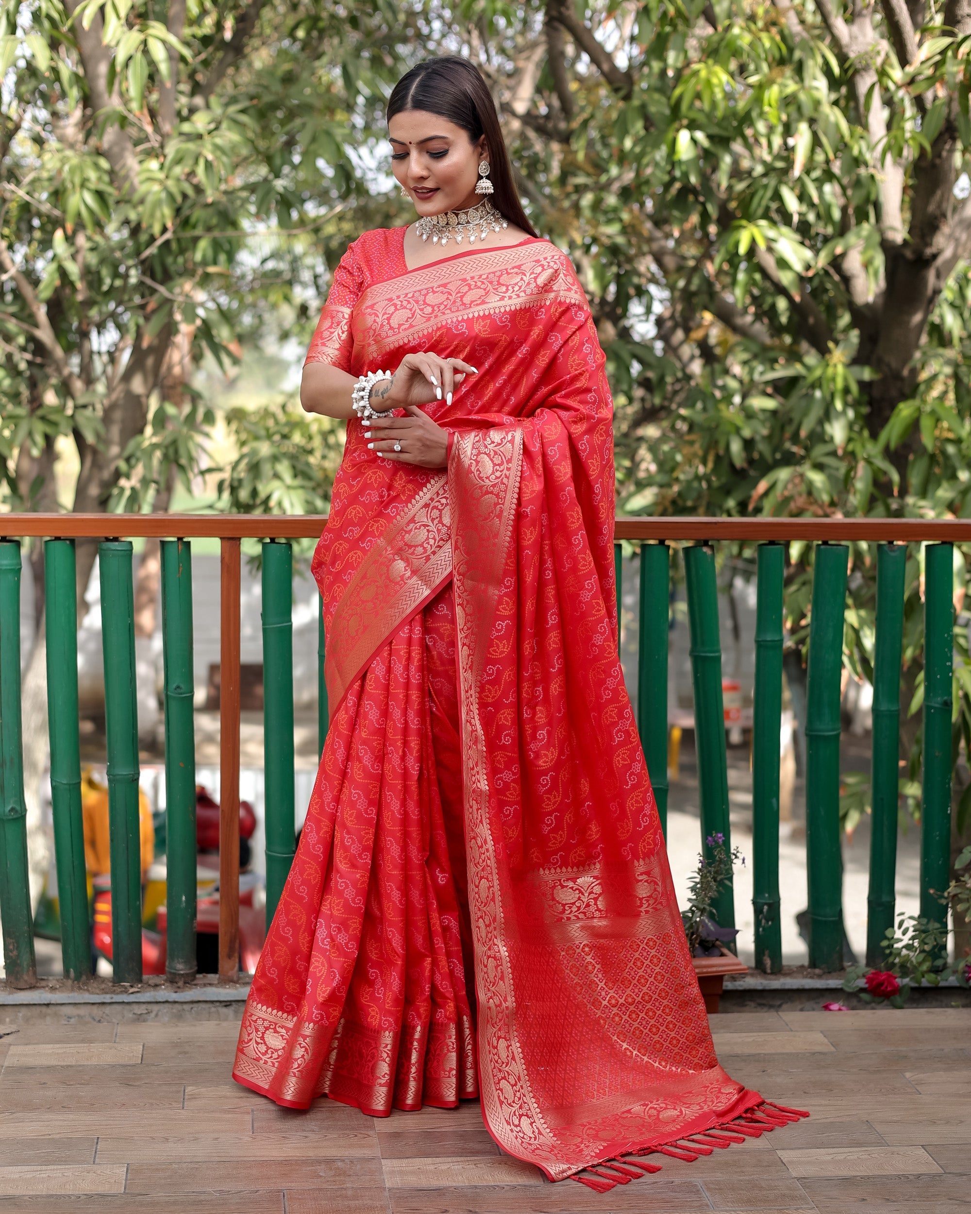 Lorenvalley Premium Bandhej Patola Silk Sarees with kanchi Borders and Contrast Zari Weaving borders Saree - Red | Grocsy