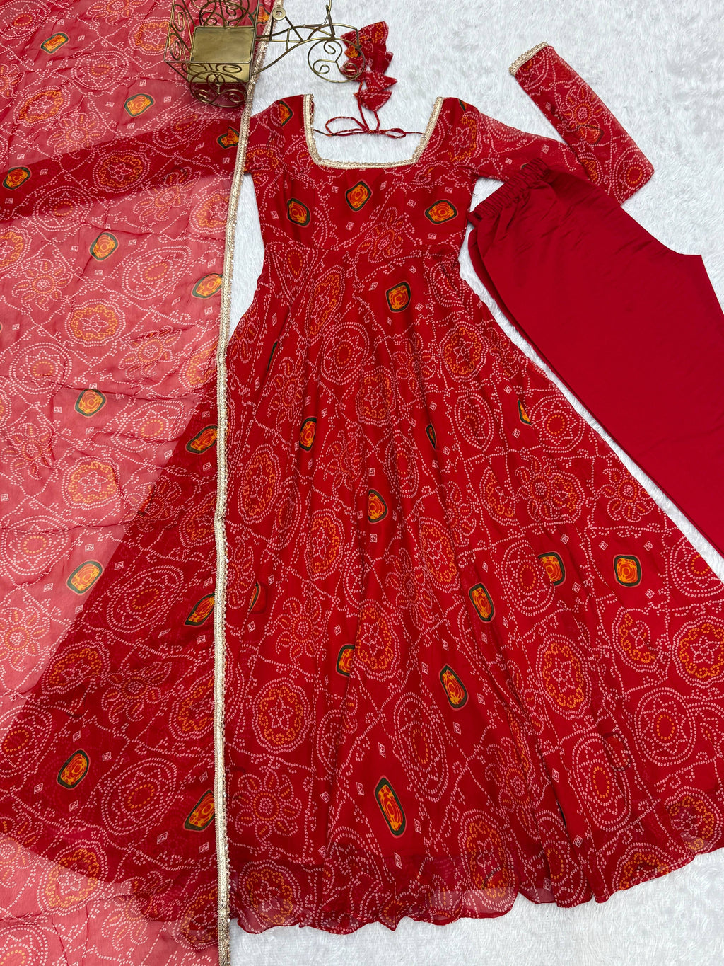 Lorenvalley Women Soft Lightweight Chiffon Bandhej Print Fabric Anarkali Kurta Pant With Dupatta Set | Grocsy