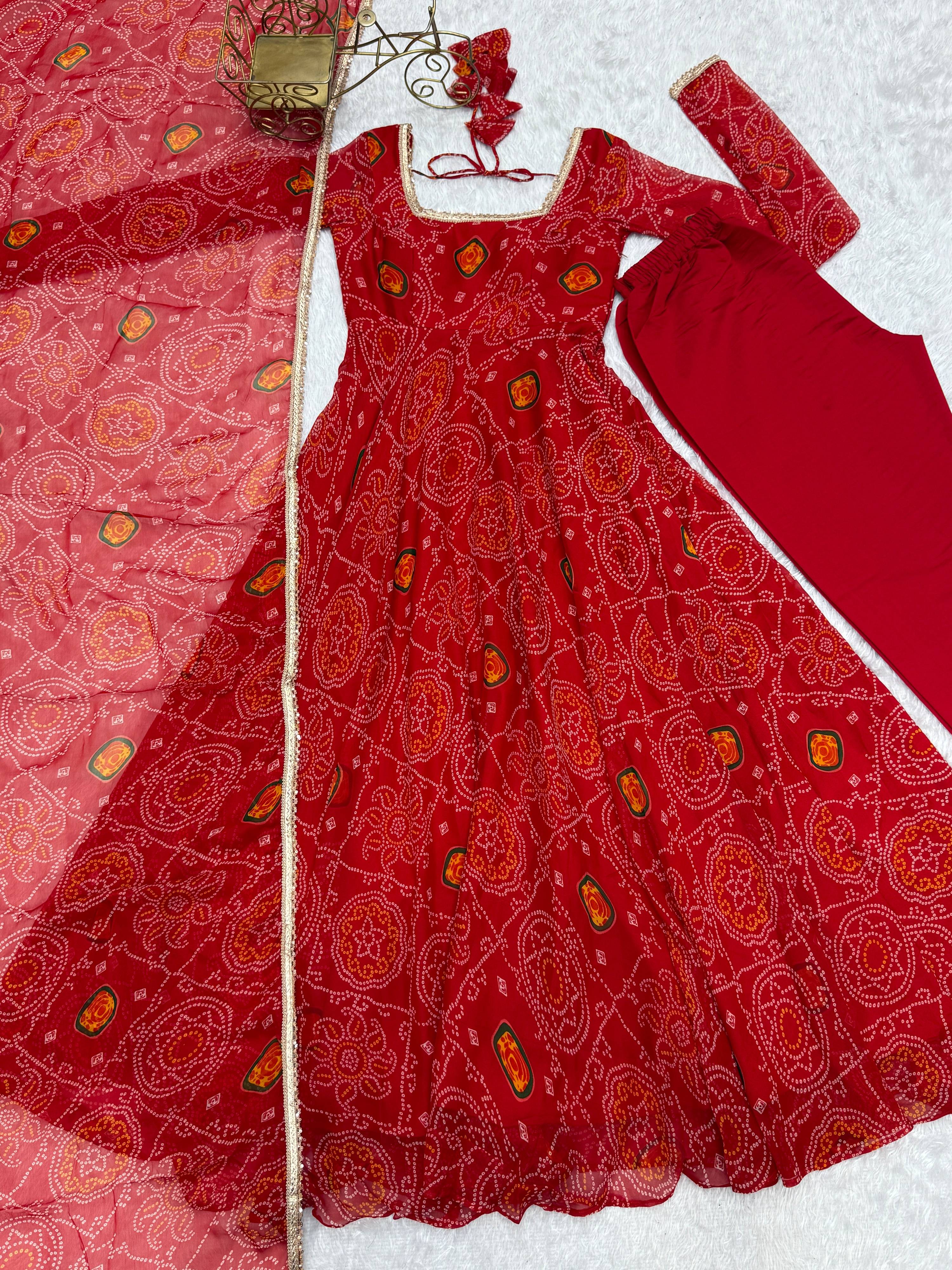 Lorenvalley Women Soft Lightweight Chiffon Bandhej Print Fabric Anarkali Kurta Pant With Dupatta Set | Grocsy