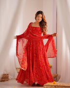 Lorenvalley Women Soft Lightweight Chiffon Bandhej Print Fabric Anarkali Kurta Pant With Dupatta Set | Grocsy