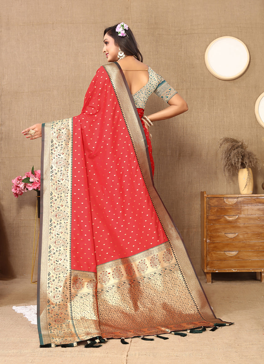Lorenvalley Fashion Red Soft Silk weaving Design Rich Zari Weaving Saree | Grocsy