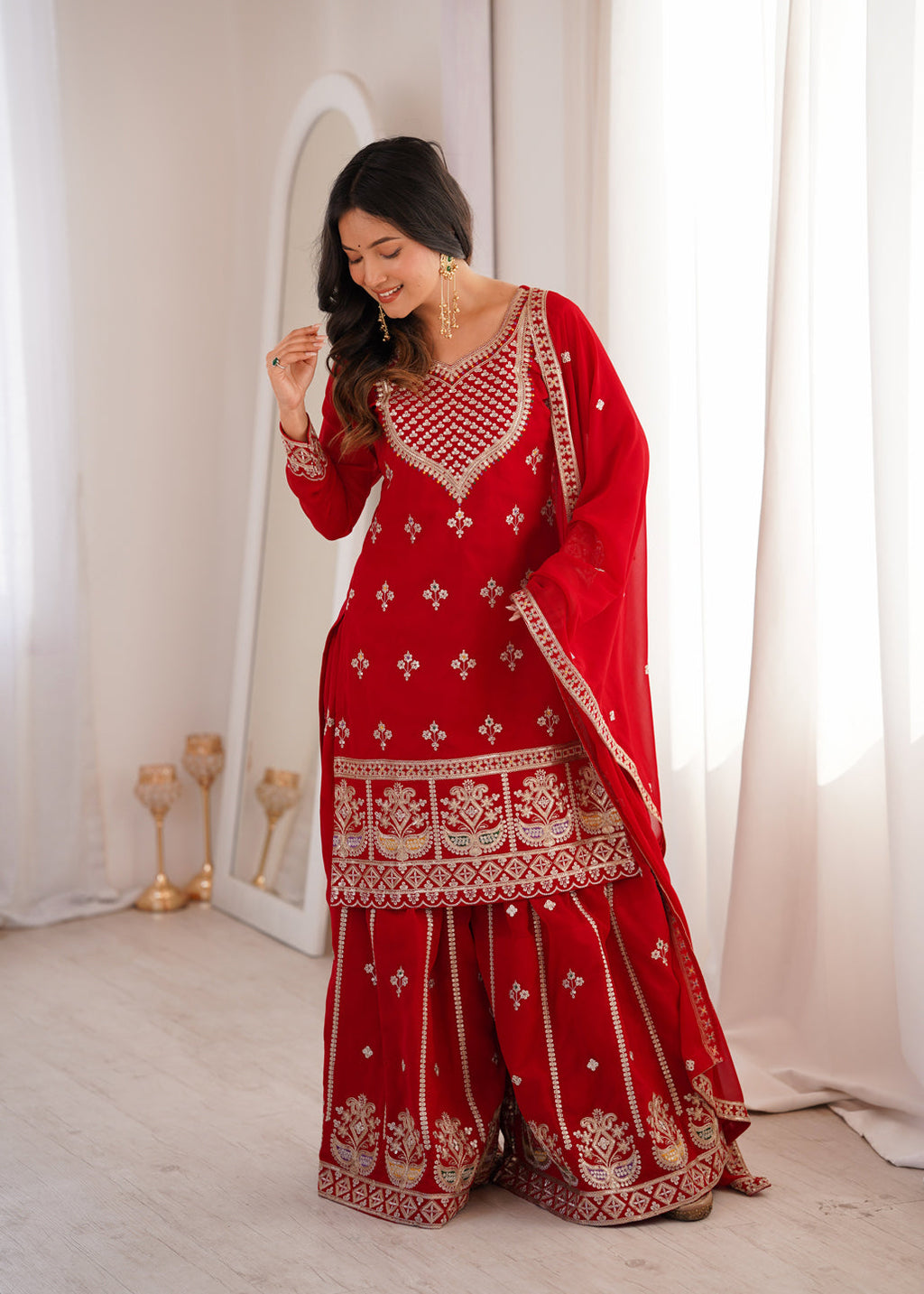 Evanik Red Faux Georgette Embroidery Dori, Sequence And Thread Work Kurta Palazzo With Dupatta | Grocsy