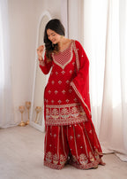 Evanik Red Faux Georgette Embroidery Dori, Sequence And Thread Work Kurta Palazzo With Dupatta | Grocsy